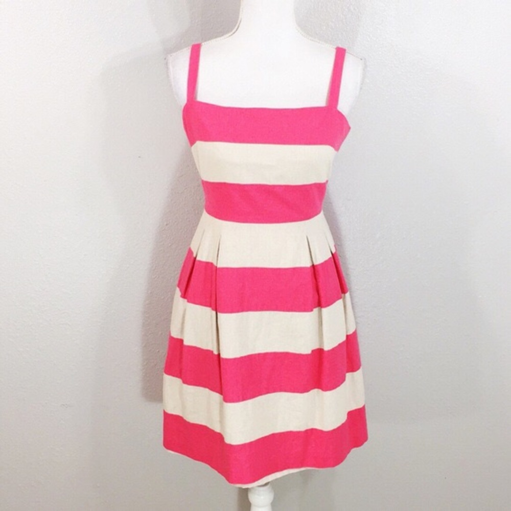 loft pink cream stripe linen fit and flare dress